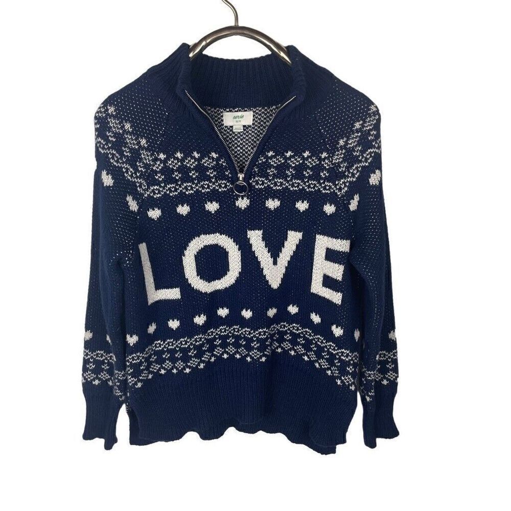 Aerie Blue White Knit Pullover Sweater ‎ Quarter Zip LOVE Oversized Size XS